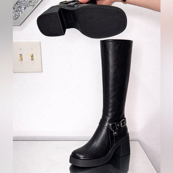 Madden NYC Knee High Platform Boots Black Size 6 Chunky Heel Buckle New With Box - Picture 3 of 5